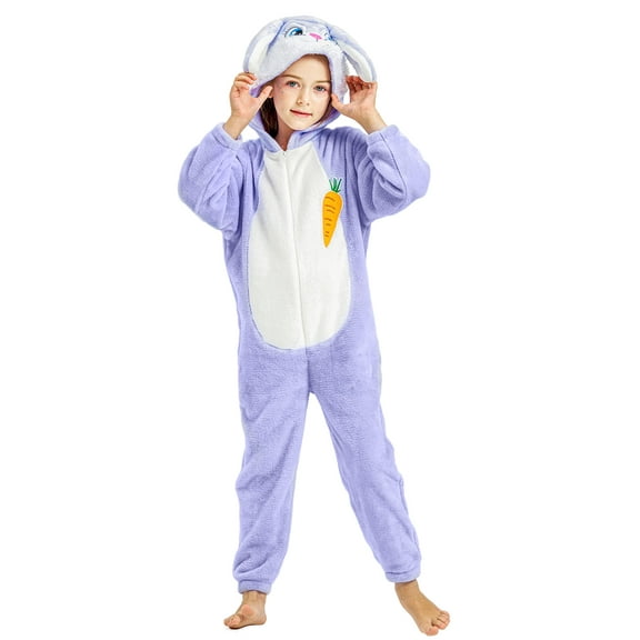 Easter Bunny Costume Purple Onesie Jumpsuit for Children Girls, Hooded Animal Romper Flannel Pajamas 3-12Years