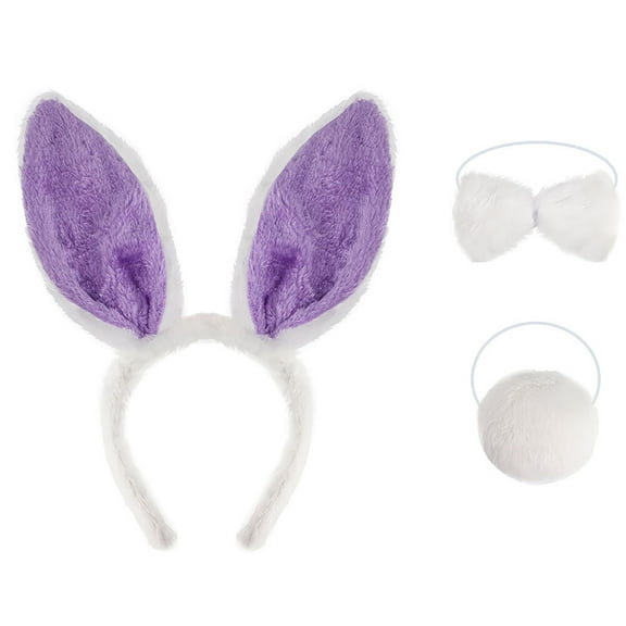 Easter Bunny Costume Set Rabbit Ears Headband Bunny Tail and Bow Tie Costume Accessories for Kids/Adult (Purple 3PCS)