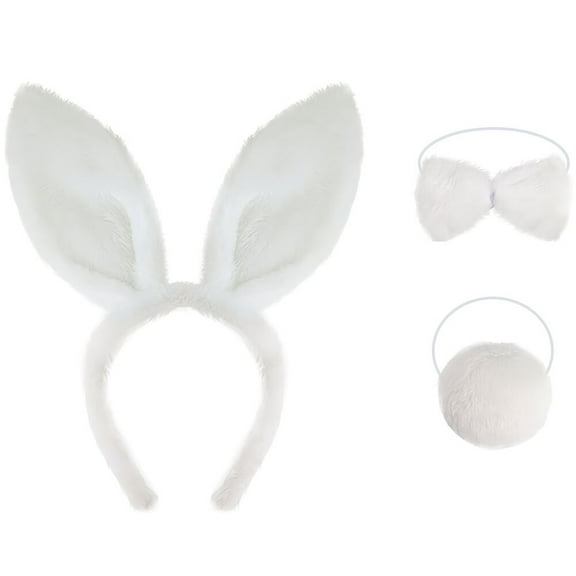 Easter Bunny Costume Set Rabbit Ears Headband Bunny Tail and Bow Tie Costume Accessories for Kids/Adult (White 3PCS)