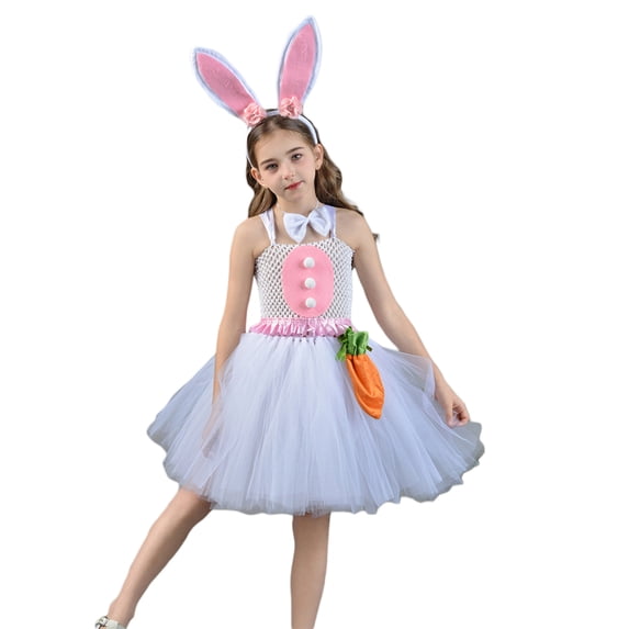 Easter Bunny Costume, Sleeveless Tulle Patchwork Dress with Headband and Carrot Bag Tail Tie Set