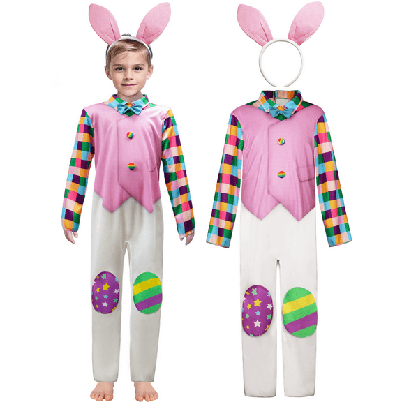 Easter Bunny Costume for Kids, 2 Pcs Jumpsuit Rabbit Ears Headband Animal Outfit for Boys Girls Carnival Party Pink 8-10Y