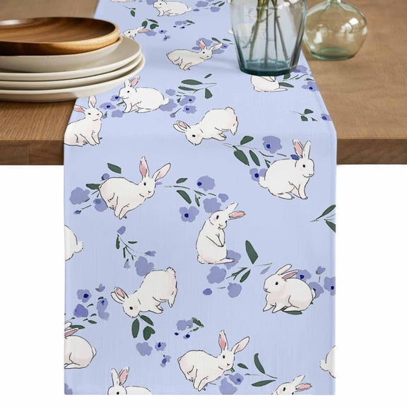 Easter Bunny Cotton Linen Table Runner for Dining Kitchen, Spring Purple Flower Rustic Rabbit Blue Wedding Outdoor Party Tablerunners Decoration, Dresser Scarf Coffee Tablecloth Runners 13x48 Inches