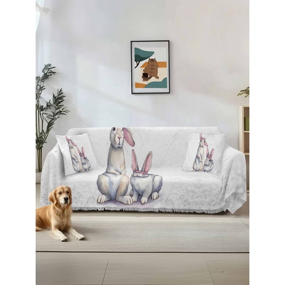 Easter Bunny Couch Cover, Cute Rabbits with Rings Retro Country Sofa Cover Blanket for Loveseat Couches,Sectional Sofa Slipcover Furniture Protector for Living Room Bedroom 71''x118''
