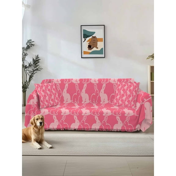 Easter Bunny Couch Cover, Pink Cute Rabbits Animal Cartoon Oversized Sofa Cover Blanket for 3 Cushion Couch, Sectional Sofa Slipcover Furniture Protector for Living Room Bedroom 71''x150''