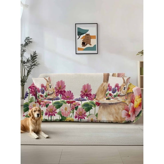 Easter Bunny Couch Cover, Spring Colorful Daisy Flowers Rabbit Vintage Sofa Cover Blanket for 2 Seat Cushion, Sectional Sofa Slipcover Furniture Protector for Living Room Bedroom 71''x102''