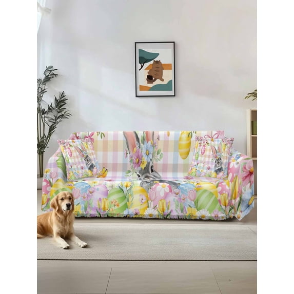 Easter Bunny Couch Cover, Spring Colorful Eggs Flower Branch Plaid Sofa Cover Blanket for 1 Seat Cushion, Sectional Sofa Slipcover Furniture Protector for Living Room Bedroom 71''x91''