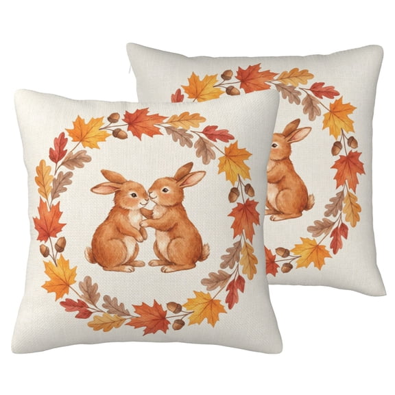 Easter Bunny Couple Throw Pillow Covers 16x16 Set of 2, Autumn Maple Leaf and Acorn Wreath Decorative Cushion Cases, Thanksgiving Double Sided Faux Linen for Sofa
