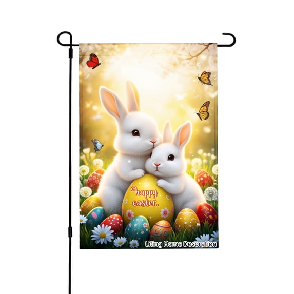 Easter Bunny Couple With Colorful Eggs And Butterflies Garden Flag For Home Outdoor Garden Yard Decor 12x18 Inch