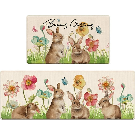 Easter Bunny Crossing Decorative Kitchen Rugs Set of 2, Rabbit Anti-Fatigue Kitchen Mat Poppy Dahlia Flowers Non-Slip Floor Mat, Spring Holiday Home Kitchen Decorations - 17x29 and 17x47 Inch