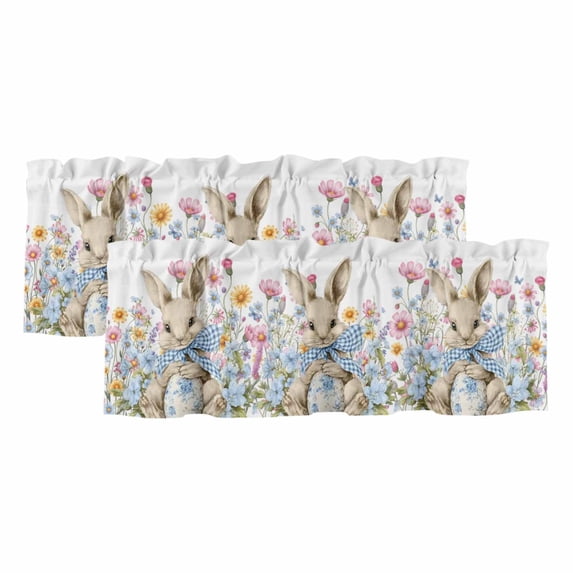 Easter Bunny Curtain Valances for Windows, Kitchen Valance Window Treatments Panel 2 Pack, Eggs Spring Daisy Retro Rabbits Country Plants Rod Pocket Short Curtains for Bathroom Bedroom 42 x 12 Inch