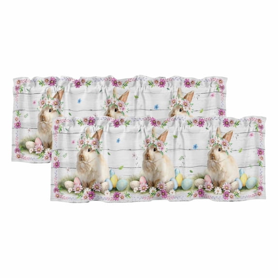 Easter Bunny Curtain Valances for Windows, Kitchen Valance Window Treatments Panel 2 Pack, Spring Daisy Flower Colorful Eggs White Wooden Rod Pocket Short Curtains for Bathroom Bedroom 42 x 18 Inch