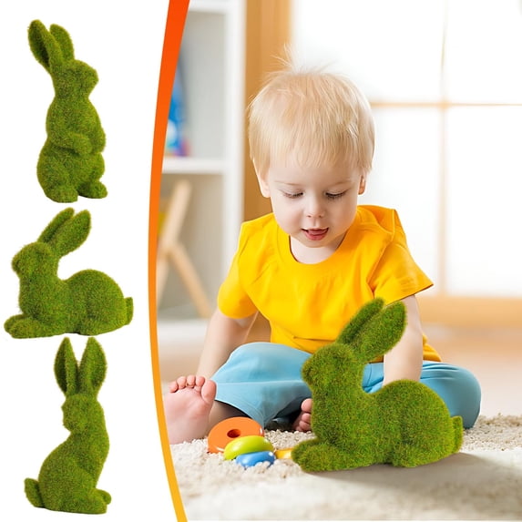 Easter Bunny Decor,1PC 5.31inch Small Green Moss Flocked Easter Bunny Figurine,Furry Flocked Standing Rabbit Ornament for Easter Gift Spring Home Office Table Garden Courtyard Decorations