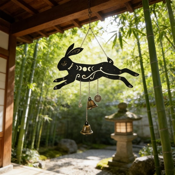 Easter Bunny Decor Boho Black Wooden Bunny Wind Chime, Star Lunar Wall Hanging Decor, Rural Garden Accent, Relaxing Nature Inspired Craft for Home, Gifting and Bohemian Styling, 9.84*16.54in, Black