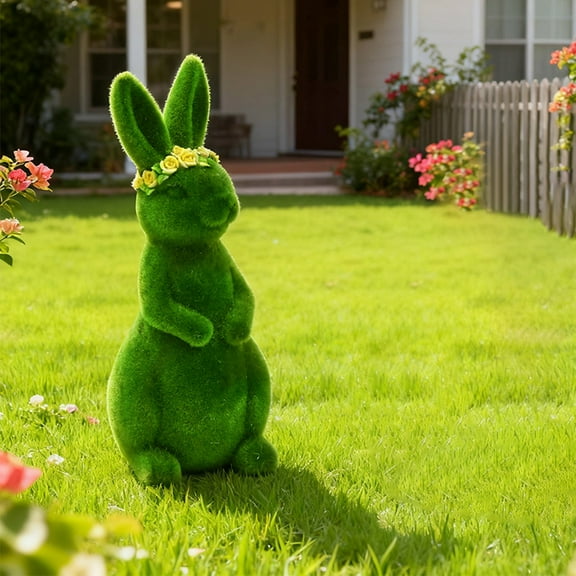 Easter Bunny Decor​ Flocking Green Sculpture Golden Flower Crown Tall Ears Soft Lawn Ornament Indoor Shelf Garden Patio Spring Decoration