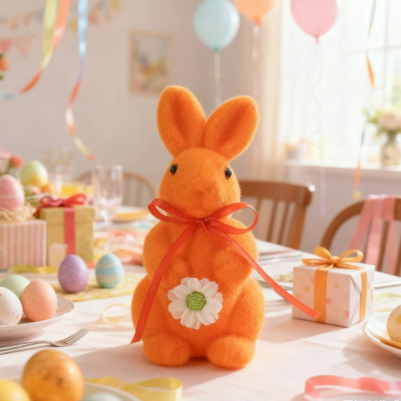 Easter Bunny Decor, Gaqring Lightweight Flocked Foam Rabbit Ornament, Shatterproof Spring Tabletop Decoration for Easter Basket Fillers Party Favors, Orange