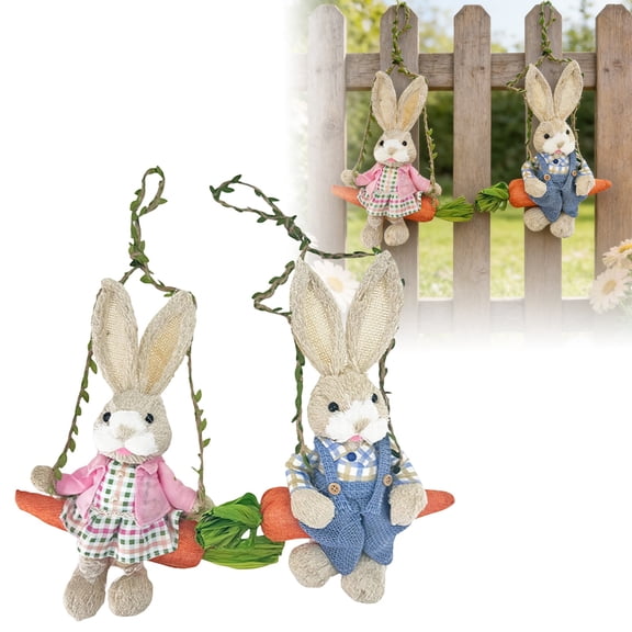 Easter Bunny Decor Hanging Ornaments Set (2pcs) - Hand-Woven Rabbit Figurines on Carrot Swing, Rustic Holiday Decor for Home Tabletop, Easter Party & Spring Decor