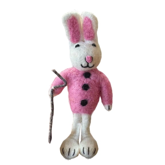 Easter Bunny Decor Needle Felted Wool Rabbit in Pink Outfit with Walking Stick,Whimsical Spring Tiered Tray Decoration for Mantels and Desks,Pink - Pink