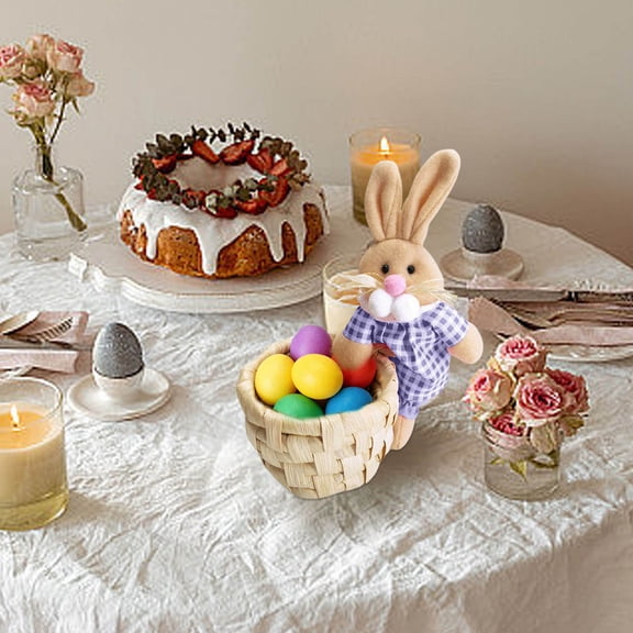 Easter Bunny Decor Plush Rabbit Figurine Mini Wicker Basket Checkered Outfit Detail Holiday Tabletop Display for Home Indoor Table