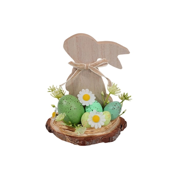 Easter Bunny Decor, Rustic Wooden Plaque with Easter Eggs and Daisies Silhouette, Spring Home Table Ornament, 5.9 Inch Round Desktop Decoration