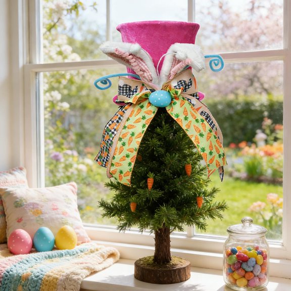 Easter Bunny Decor of Tree Top Hat Decor with Beautiful Bow Accent Tree Topper Star, Easter Decorations Outdoor Compressible Foldable Design for Easter Festival Tree Decoration, 8in