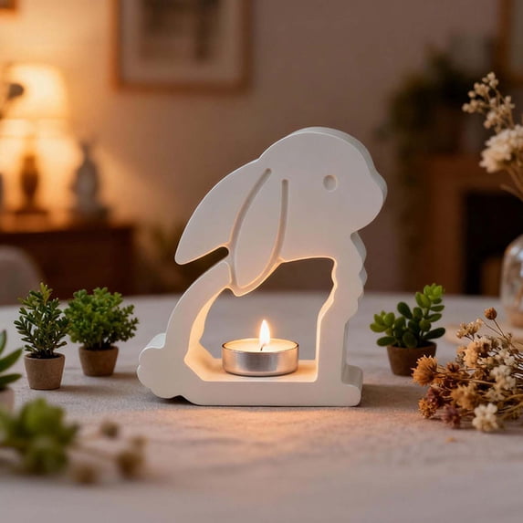 Easter Bunny Decor White Rabbit Candle Holder Gypsum Mould with Elegant Curved Contour Warm Glowing Atmosphere Classic Holiday Tabletop Centerpiece
