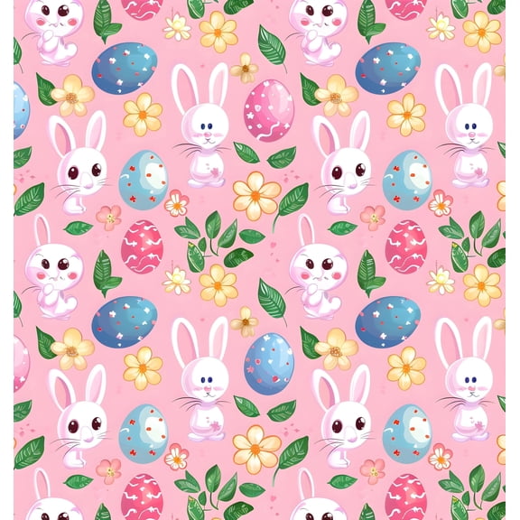 Easter Bunny, Decorated Eggs & Floral Pink Pattern Edible Icing Image Cake Topper, by Tnct.