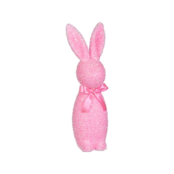 Easter Bunny Decorations 10" Iridescent Pink Flocked Bunny Easter Figure Easter Rabbit Lighted Flocked Figurine Tabletop Decor, Glitter Flocked Plush Rabbit Figurine, Spring Hot Pink
