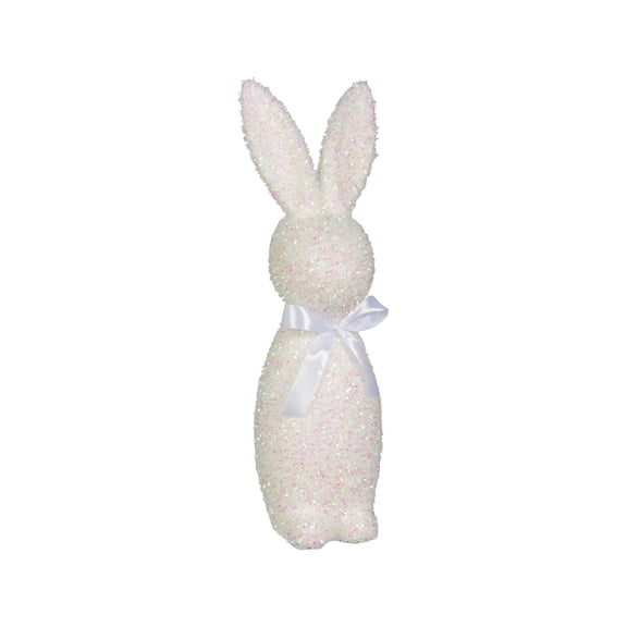 Easter Bunny Decorations 10" Iridescent White Flocked Bunny Easter Figure Easter Rabbit Lighted Flocked Figurine Tabletop Decor, Glitter Flocked Plush Rabbit Figurine, Spring White
