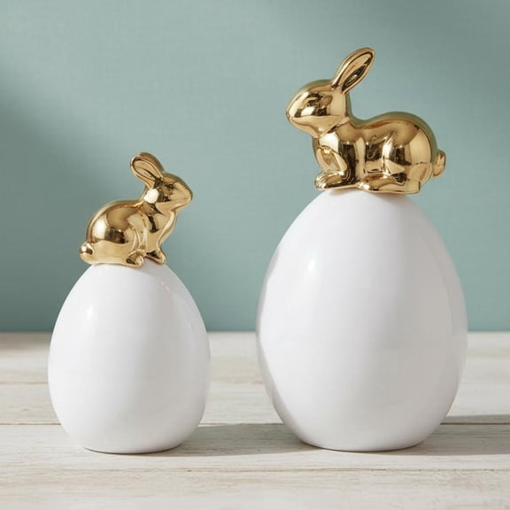 Easter Bunny Decorations, 2 Pcs Cute Gold Rabbit Sit on White Eggs Figurines for Spring Indoor Home Decor, Porcelain Rabbit Statues Table Centerpiece Mantel Tray Decor Gift