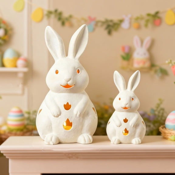 Easter Bunny Decorations 7/11" Tealight Candle Holder Statue Resin Rabbit Figurines for Table Mantel Spring Decoration, Cute Hollow Figurine for Home Table Centerpiece - Candle not included,S