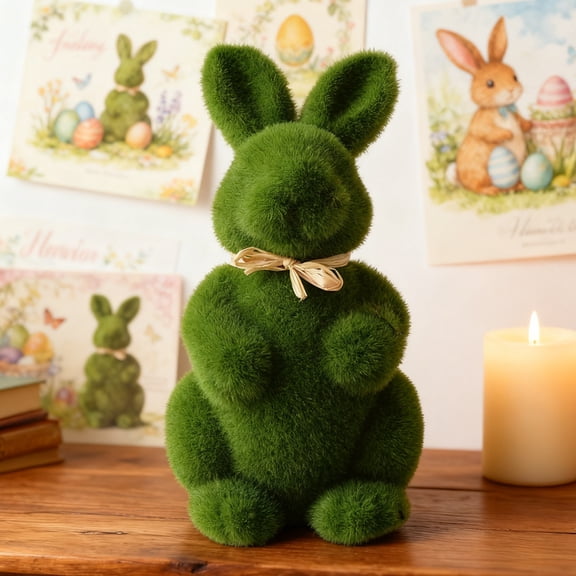 Easter Bunny Decorations,8.66inch Green Fuzzy Flocked Easter Bunny Figurine,Artificial Moss Rabbit Sculpture Ornament for Spring Indoor Table Home Kitchen Shelf Decor