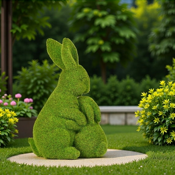 Easter Bunny Decorations,Moss Flocked Resin Rabbit Figurines,Green Furry Easter Bunny Statue for Spring Home Office Table Decor,Party Supplies Gifts for Family and Friends