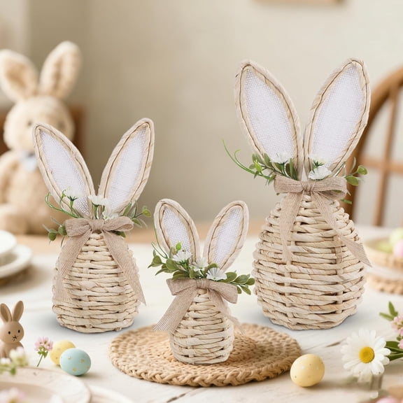 Easter Bunny Decorations Set of 3, Resin Rabbit Statue with Ribbon, Rustic Faux Woven Rattan Spring Tabletop Decorations for Home Mantel Shelf