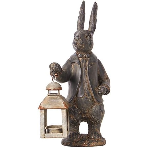Easter Bunny Decorations, Vintage Resin Bunny Figurine with Lantern, Metal Rabbit Tealight Candle Lantern Holder Rabbit Outdoor Statues Gift for Garden Home$$Home Decor, Kitchen, & Other