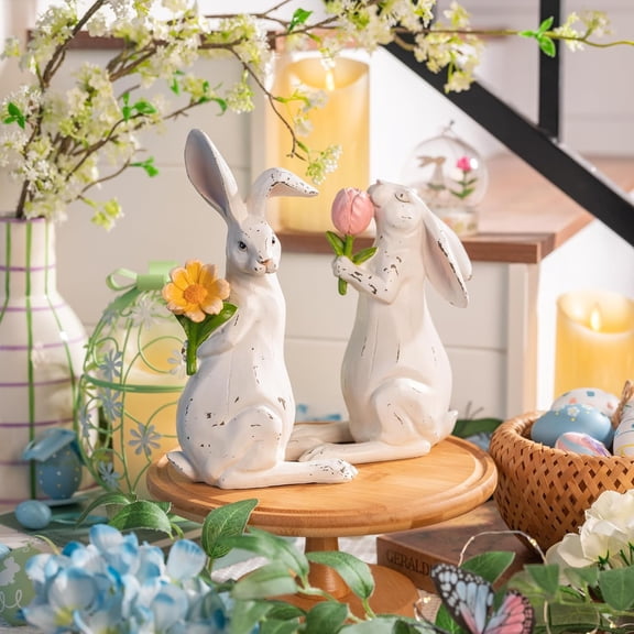 Easter Bunny Decorations, White Couple Rabbits Figurine Tabletop Decor, Resin Statues for Spring Holiday Indoor Party Table Centerpieces