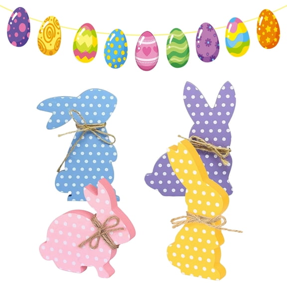 Easter Rabbit Decor Bunny Outdoor Ddecoration for The Home Wooden Peeps Bunny Sign with Banner Easter Centerpiece for Spring Shelf Mantel Fireplace Kitchen Design 3