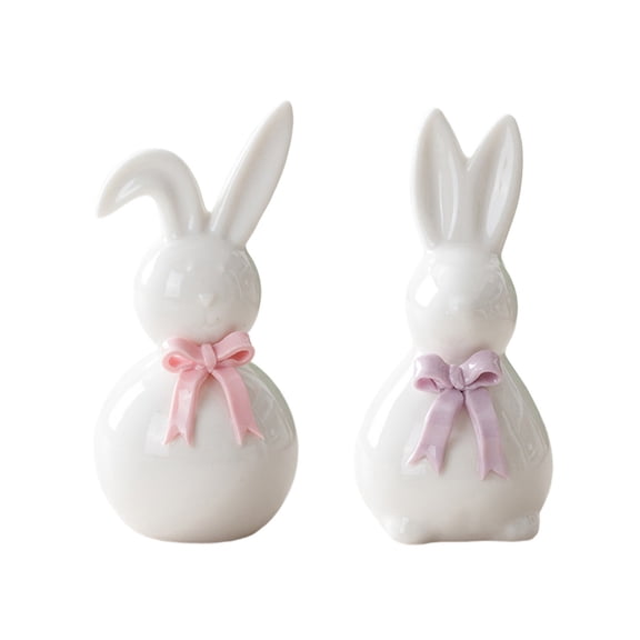 Easter Bunny Decorations for Home, 2PC Ceramic White Rabbit Statue Figurine Spring Decor, Easter Gift Table Centerpieces