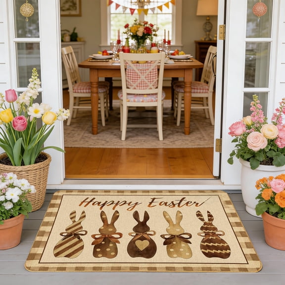 Easter Bunny Decorative Door Mat Welcome Doormat for Indoor Outdoor,Spring Floor Mat Entry Rug Non-Slip Washable for Porch Front Door Entrance 23.6x15.7In