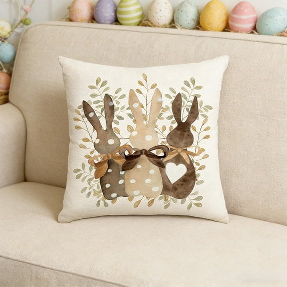 Easter Bunny Decorative Throw Pillow Cover 18x18 Inch – Beige Embroidered Cushion Case for Sofa, Bed, Living Room, Kids Room, Easter Party Home Decor