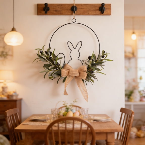 Easter Bunny Design Iron Ring Decor, Handmade Metal Ornament for Home Wall Hanging, Table Display and Party Decoration, Perfect Accent for Spring Easter Holiday Celebration, 13.77*14.17in, B