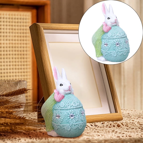 Easter Bunny Desktop Ornament Blue Egg with Chin Resting on Green Rabbit, Sweater Shiny Dancing on Easter Eggs Gymnastics Sports Resin Decorations, for Courtyard Desktop Easter Decoration Gift