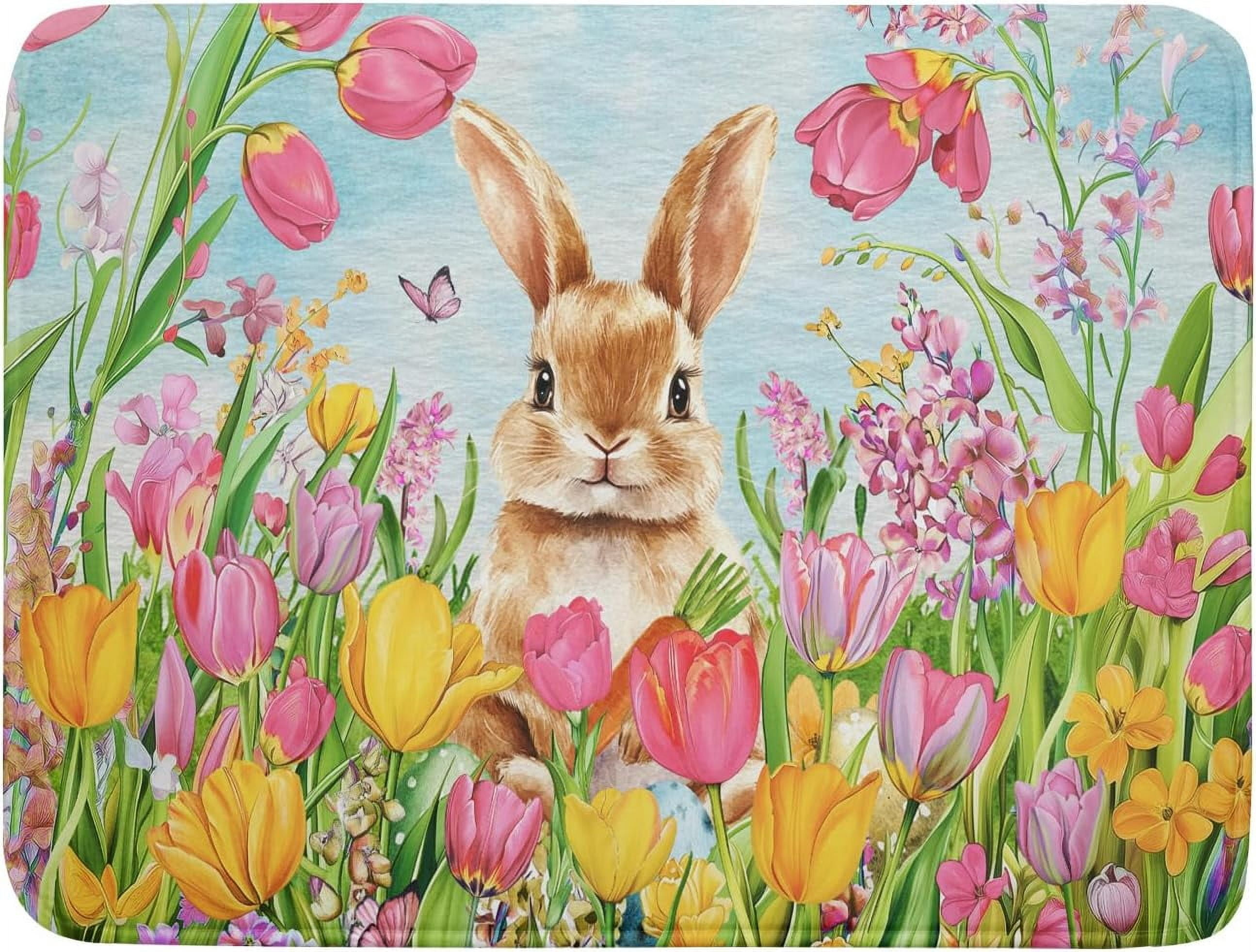 Pink Rabbit Mat Easter Bunny Dish Drying Mat 18x24 Inch,Pink Yellow Tulip Flowers ...