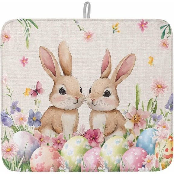Easter Bunny Dish Drying Mat for Kitchen Counter Floral Eggs Drying Pad Absorbent Drying Mats for Countertops Sinks Draining Racks Rabbit Beige Drainer Spring Holiday Decor 16x18 Inch