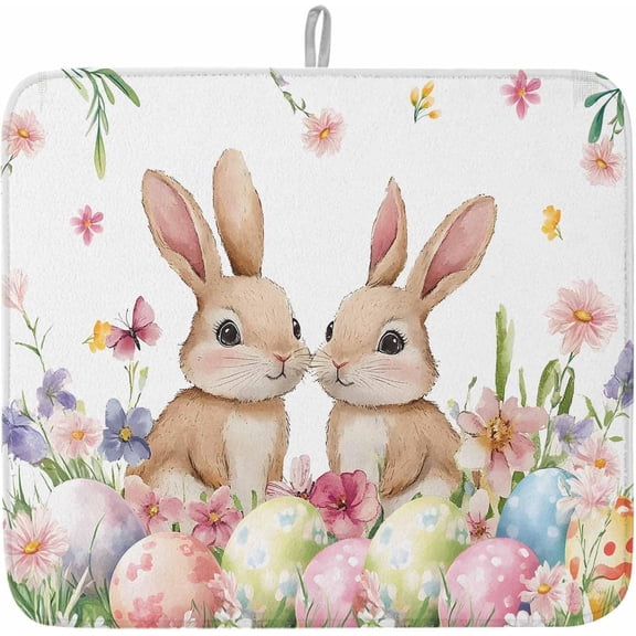 Easter Bunny Dish Drying Mat for Kitchen Counter Floral Eggs Drying Pad Absorbent Drying Mats for Countertops Sinks Draining Racks Rabbit Flower Drainer Spring Holiday Decor 16x18 Inch