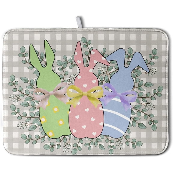 Easter Bunny Dish Drying Mat Spring Buffalo Plaid Check Rabbit Eucalyptus Leaf Dish Drying Pad for Dishes Absorbent Large Dish Rack Drying Mat Washable Dish Drainer Mats for Kitchen Counter 18x24 in