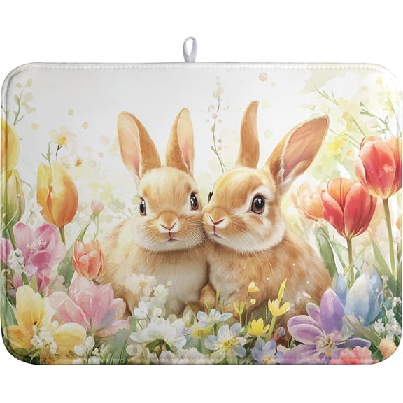 Easter Bunny Dish Drying Mat Spring Floral Kitchen Dish Drying Pad Absorbent Dish Dryer Mat for Kitchen Countertops Microfiber Dishes Drainer Pad Dish Drying Rack Mat (18x24 in)