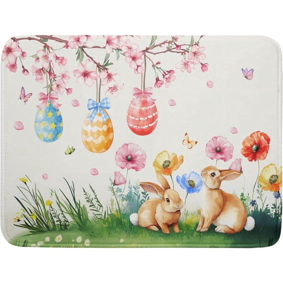 Easter Bunny Dish Drying Mat, Spring Rabbits Eggs Hunt Dish Drainer Mats for Kitchen Countertop, Watercolor Floral Absorbent Reversible Dish Drying Pad Decor, 18x24inches, Large
