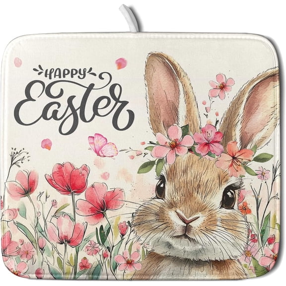 Easter Bunny Dish Drying Mats 16x18 Inch,Cute Rabbit Flowers Absorbent Microfiber Dishes Drainer Rack Mat Quick Dry Drying Pad for Countertop Sink Bar Utensils Holiday Decor