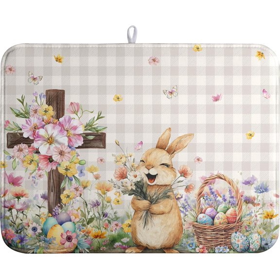 Easter Bunny Dish Drying Mats Spring Floral Dish Mat Easter Cross Eggs Drying Matt Dishes Dryer Pad for Kitchen Counter Absorbent Microfiber Washable Foldable Reusable 18x24 in