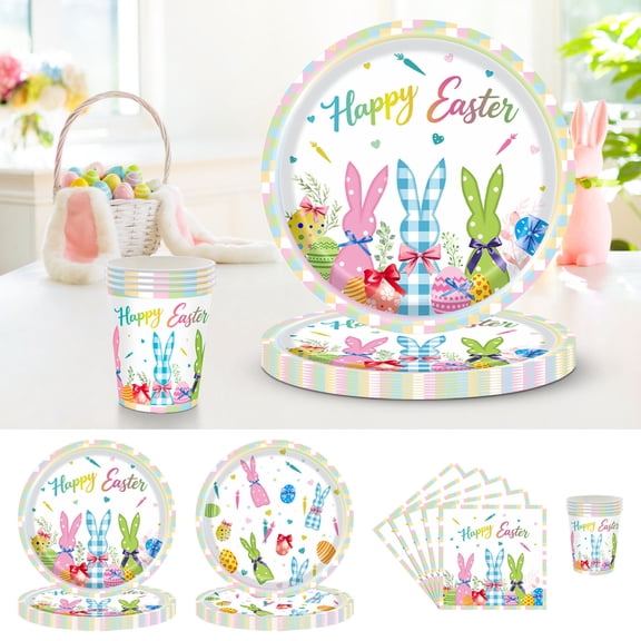 Easter Bunny Disposable Dinnerware Set | Cute Egg Motif Plates, Cups, Napkins | Sturdy, Leak-Resistant Tableware | Pastel Holiday Decoration | Complete Party Set For Spring Gatherings, Brunch, Egg